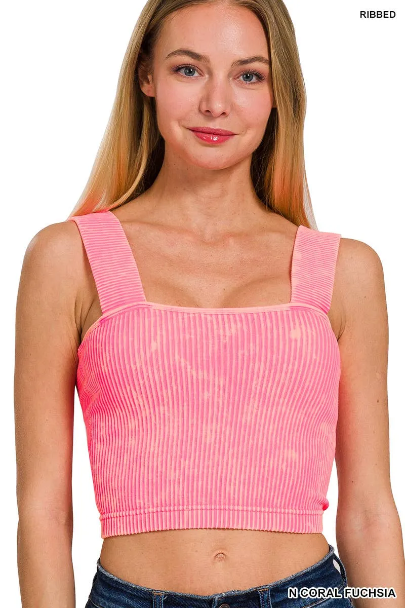 Ash Black Washed Rib Seamless Wide Strap Trop Tank w\ Bra Pad