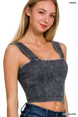 Ash Black Washed Rib Seamless Wide Strap Trop Tank w\ Bra Pad