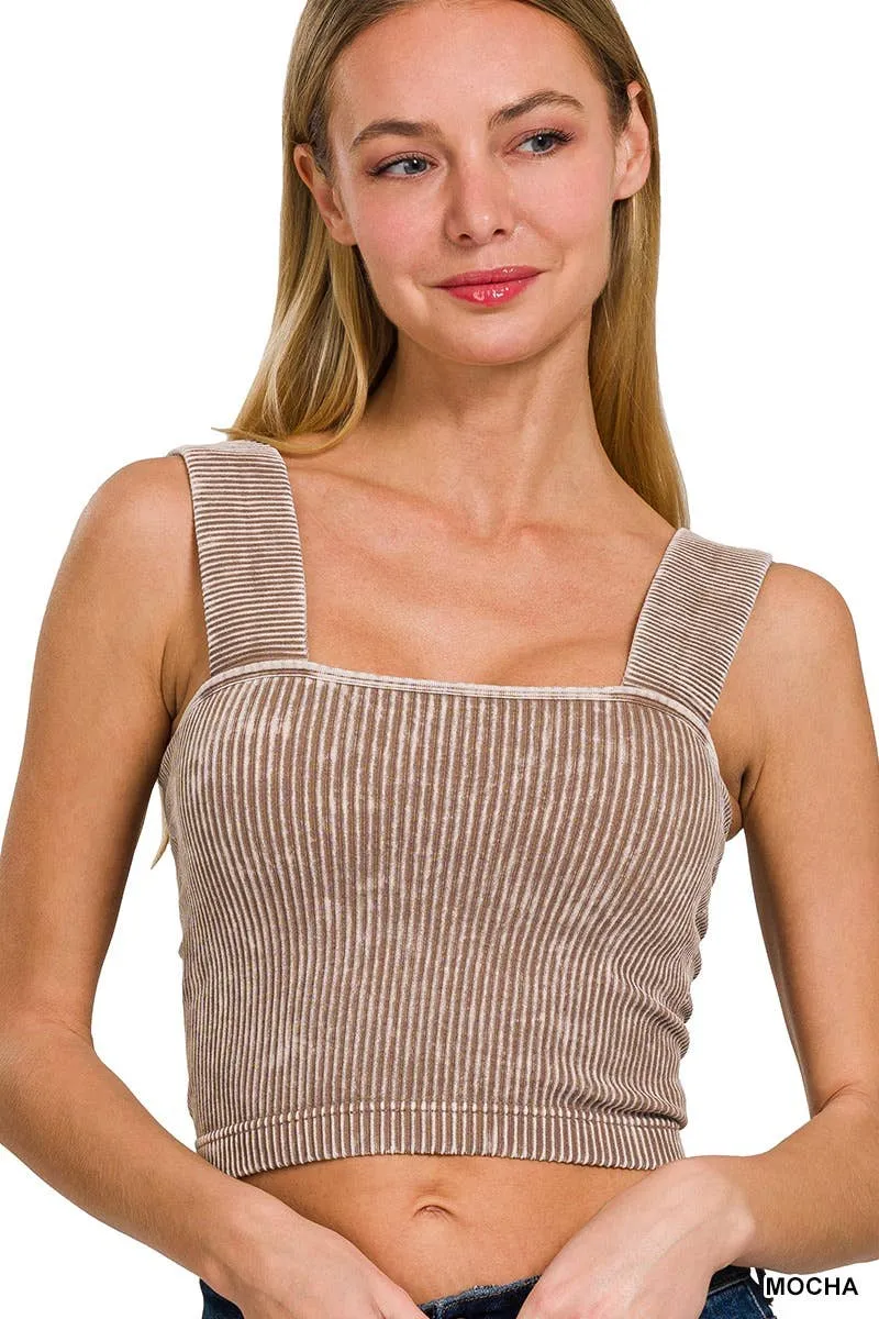 Ash Black Washed Rib Seamless Wide Strap Trop Tank w\ Bra Pad