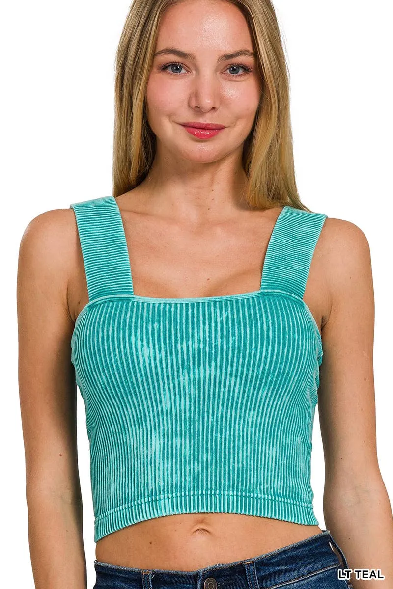 Ash Black Washed Rib Seamless Wide Strap Trop Tank w\ Bra Pad
