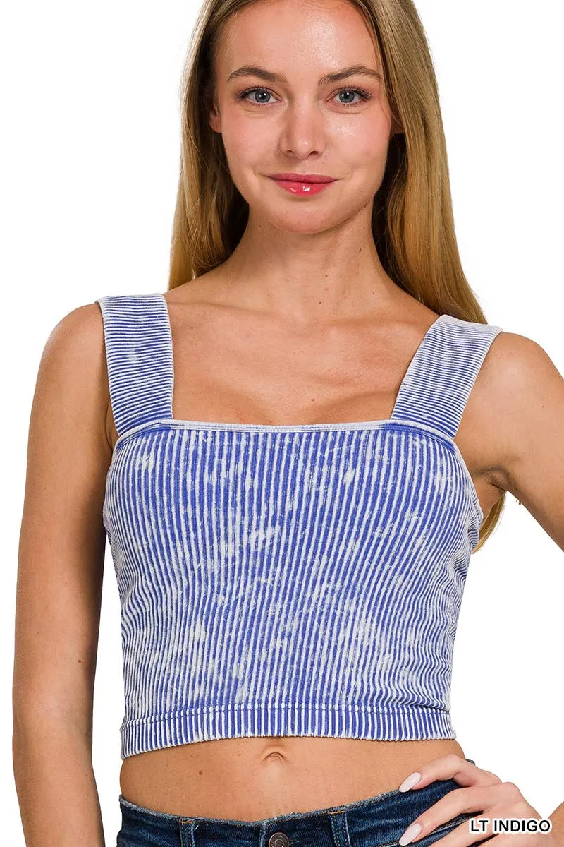 Ash Black Washed Rib Seamless Wide Strap Trop Tank w\ Bra Pad
