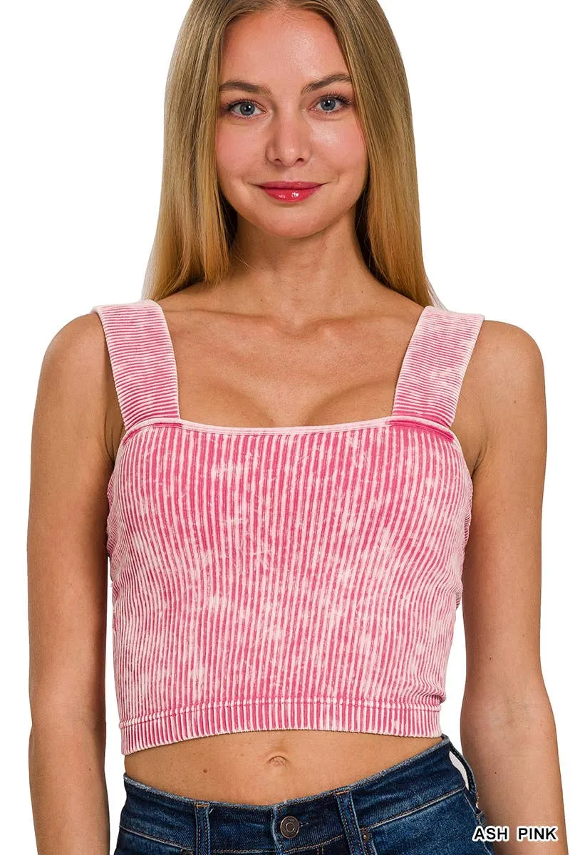 Ash Black Washed Rib Seamless Wide Strap Trop Tank w\ Bra Pad