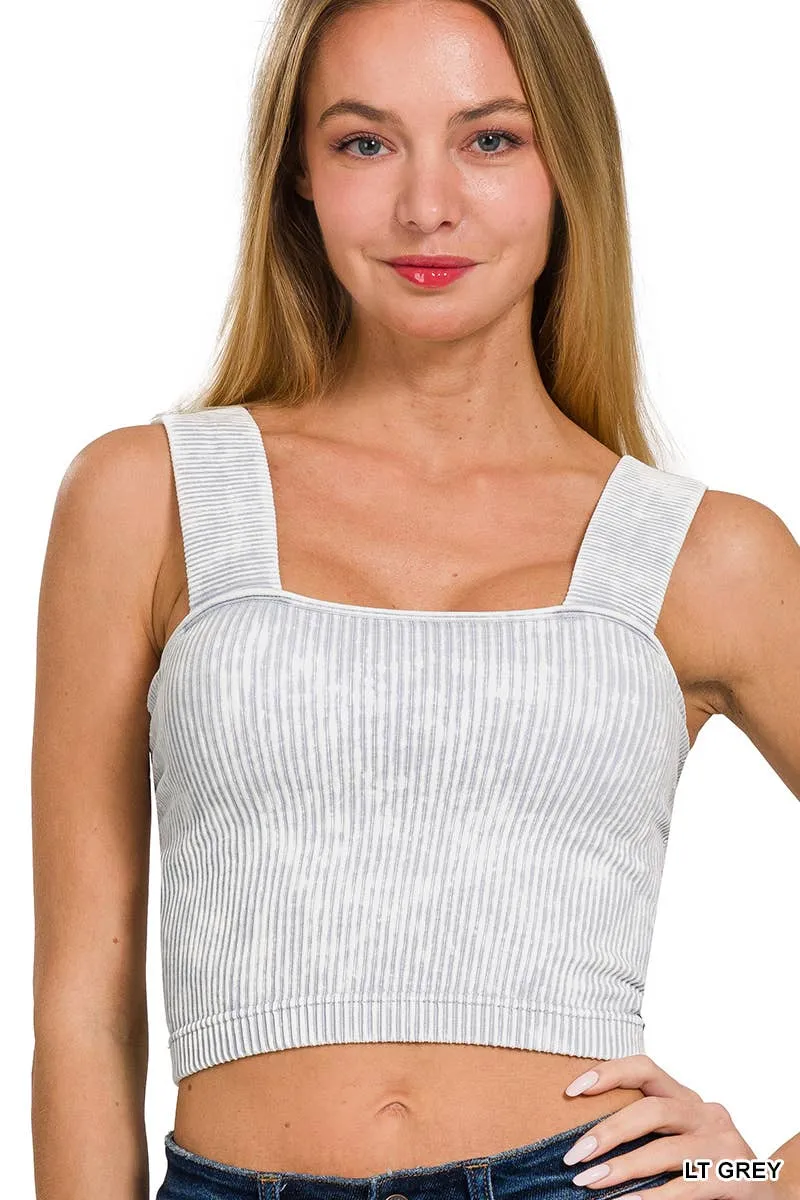 Ash Black Washed Rib Seamless Wide Strap Trop Tank w\ Bra Pad