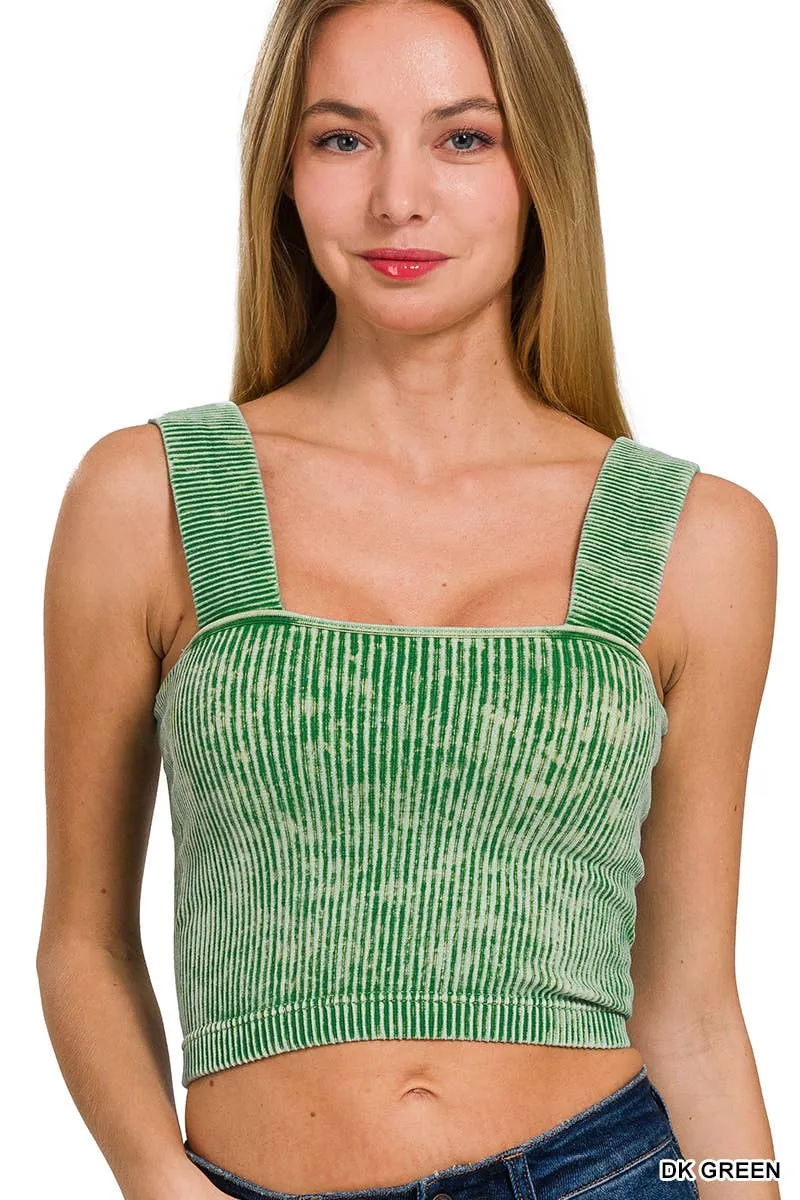 Ash Black Washed Rib Seamless Wide Strap Trop Tank w\ Bra Pad
