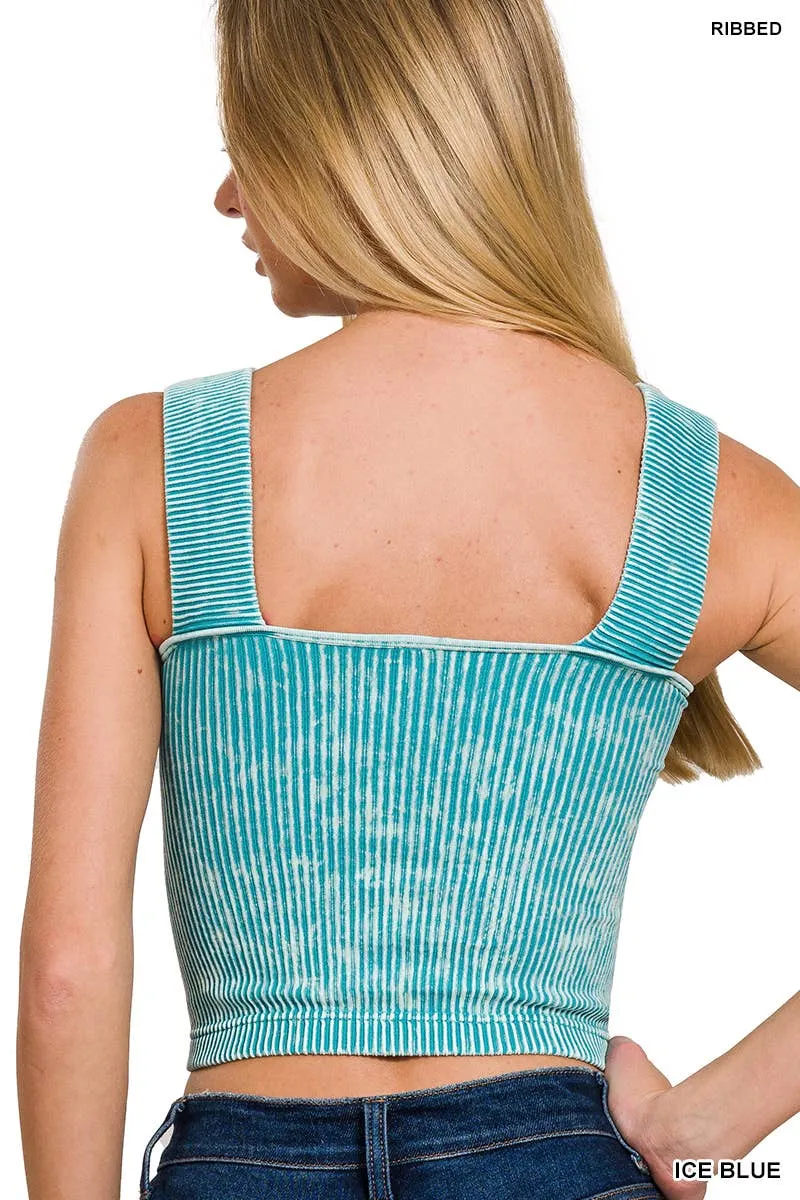Ash Black Washed Rib Seamless Wide Strap Trop Tank w\ Bra Pad