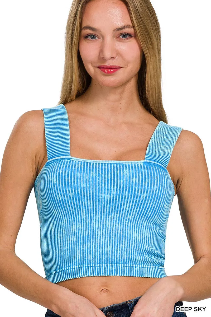 Ash Black Washed Rib Seamless Wide Strap Trop Tank w\ Bra Pad