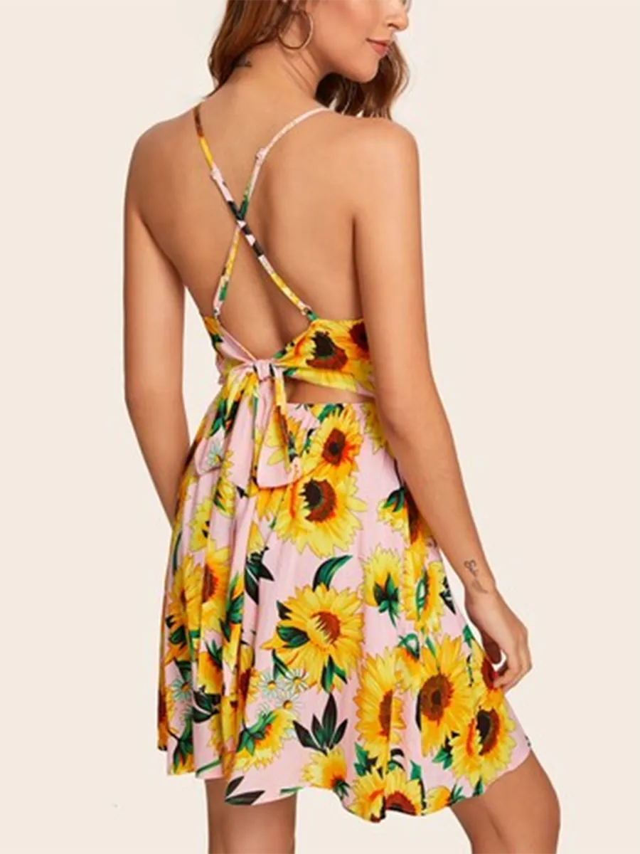 Backless Tie Back Slip Sunflower Print Button Mini Dress