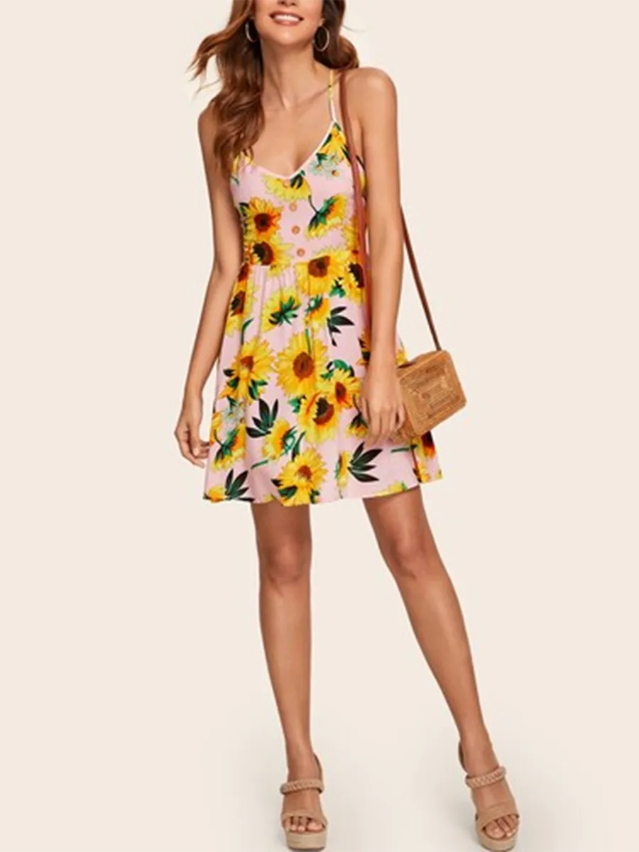 Backless Tie Back Slip Sunflower Print Button Mini Dress