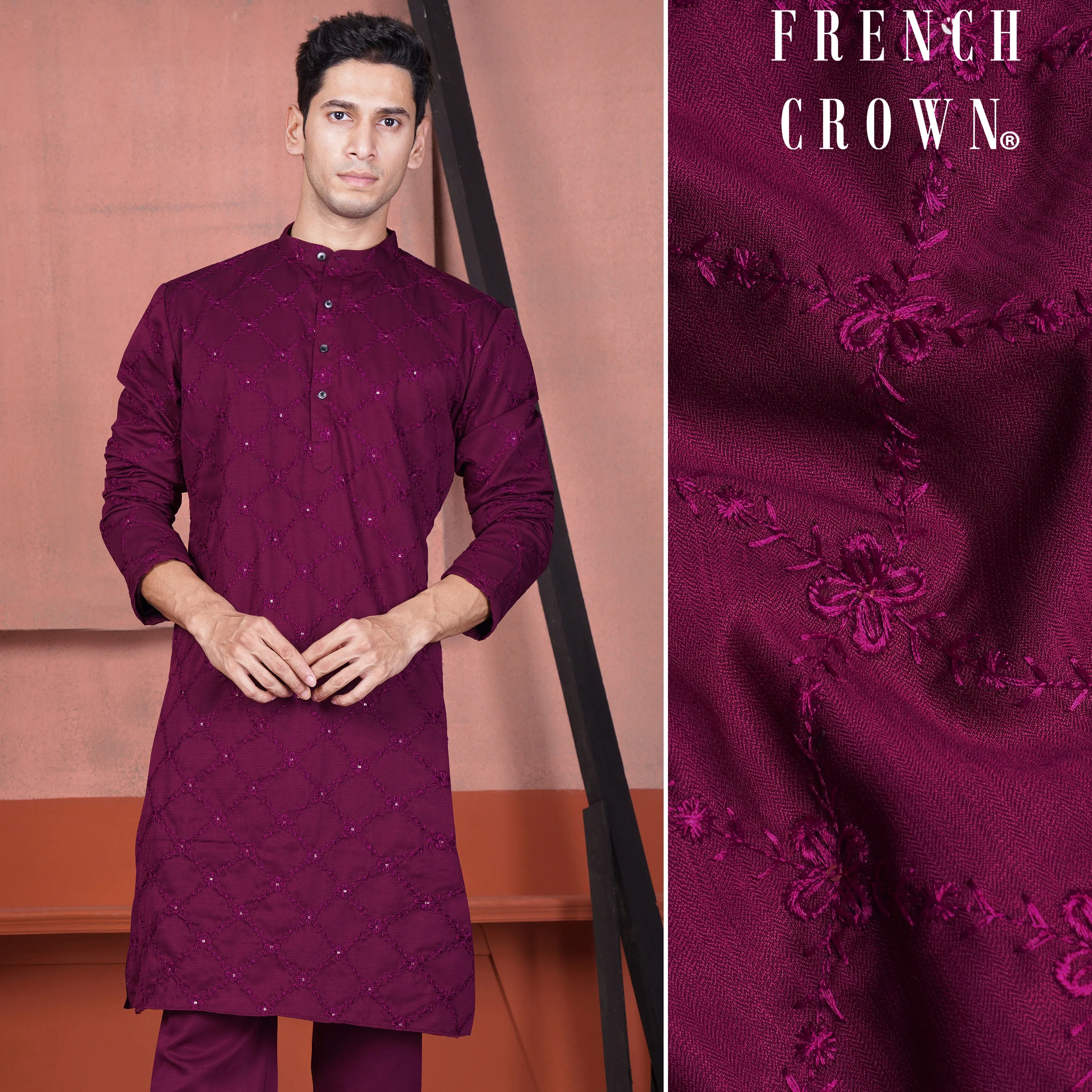Bordeaux Wine Viscose Embroidered With Tikki Work Designer Kurta