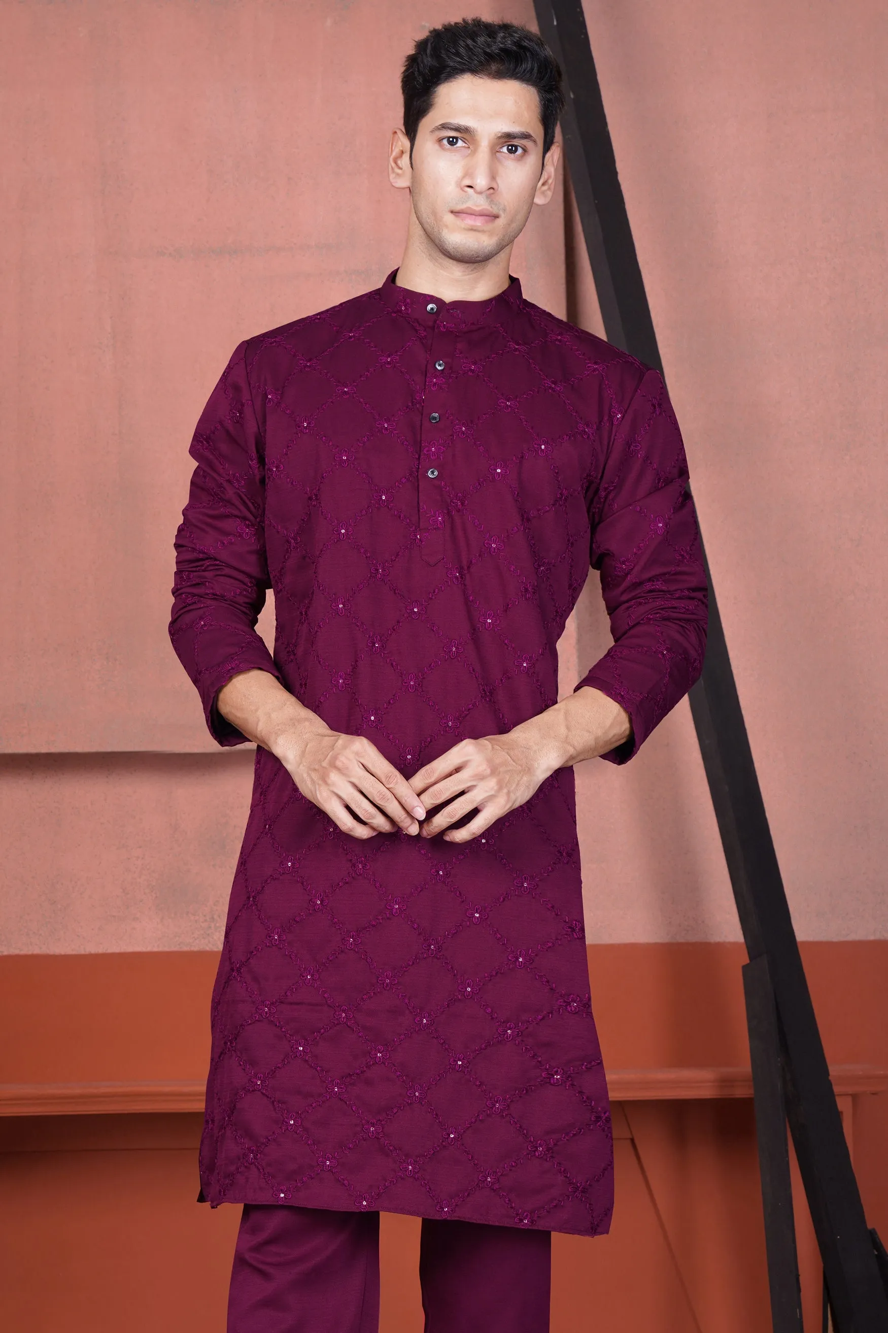 Bordeaux Wine Viscose Embroidered With Tikki Work Designer Kurta