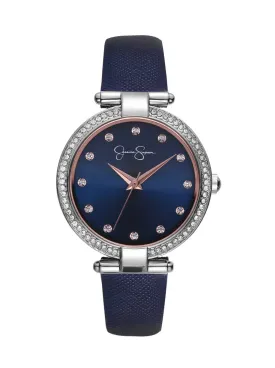 Crystal Bezel Navy Strap Watch in Silver Tone