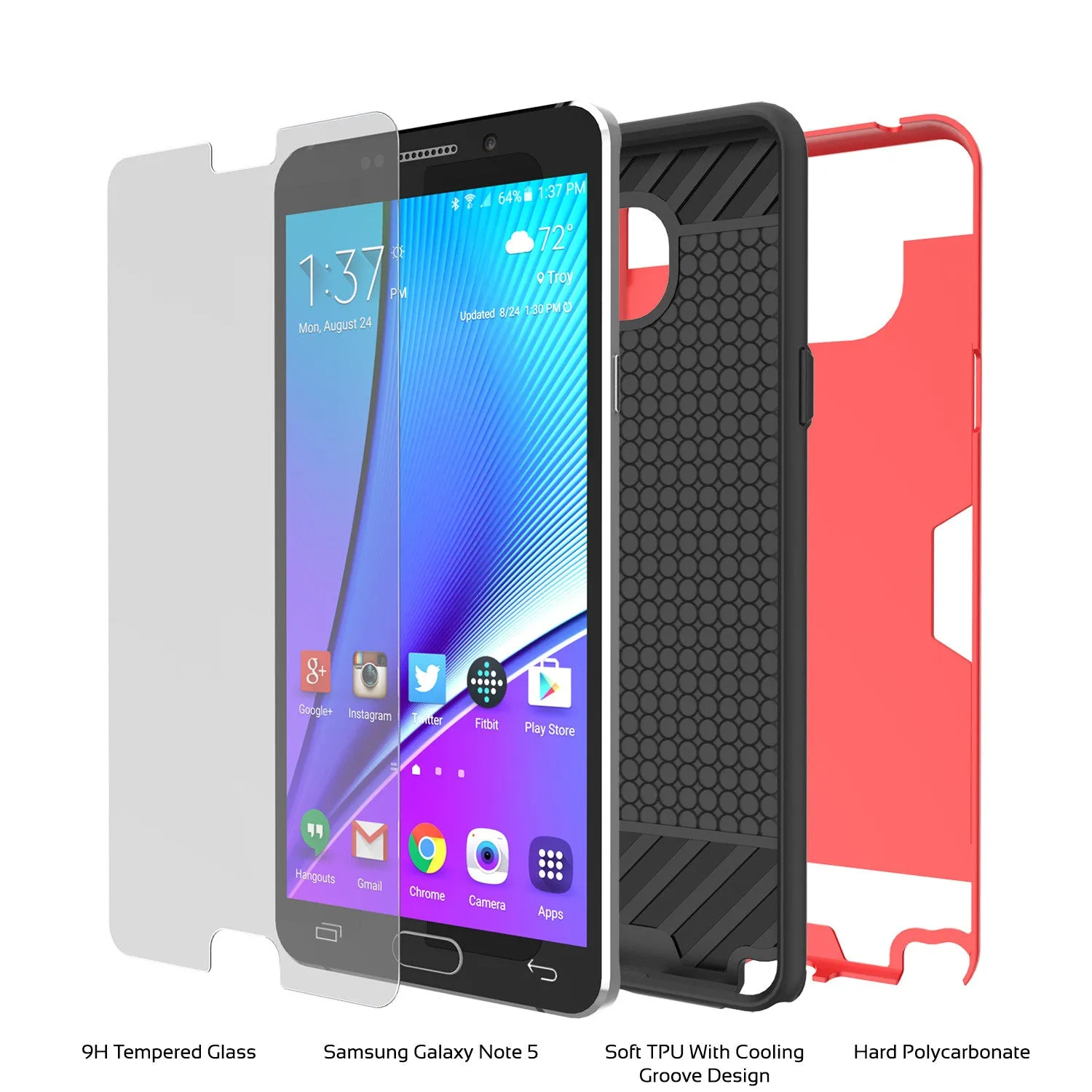 Galaxy Note 5 Case PunkCase SLOT Red Series Slim Armor Soft Cover Case w/ Tempered Glass
