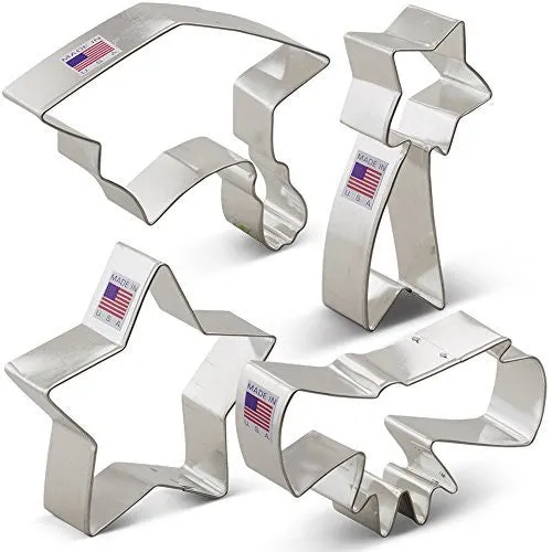 Graduation Cookie Cutter Set - 4 piece - Graduation Cap, Diploma, Star, Shooting Star - Ann Clark - Tin Plated Steel