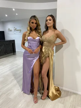 Honey Couture ZENDAYA Lilac Purple Satin Corset Bustier Leg Split Formal Dress (RED TAG FINAL SALE)