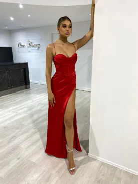 Honey Couture ZENDAYA Red Satin Corset Bustier Leg Split Formal Dress (RED TAG FINAL SALE)