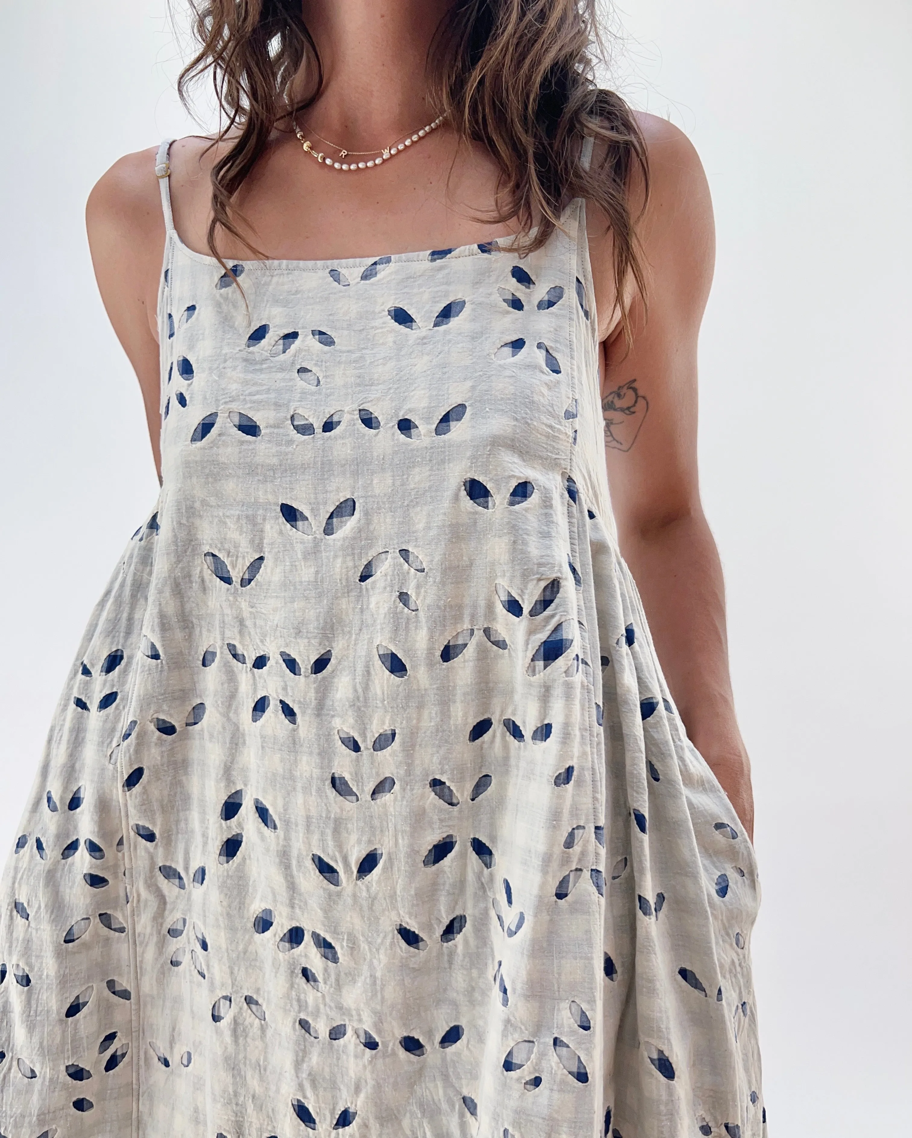 Injiri | Rasa Slip Dress in Indigo Gingham Appliqué