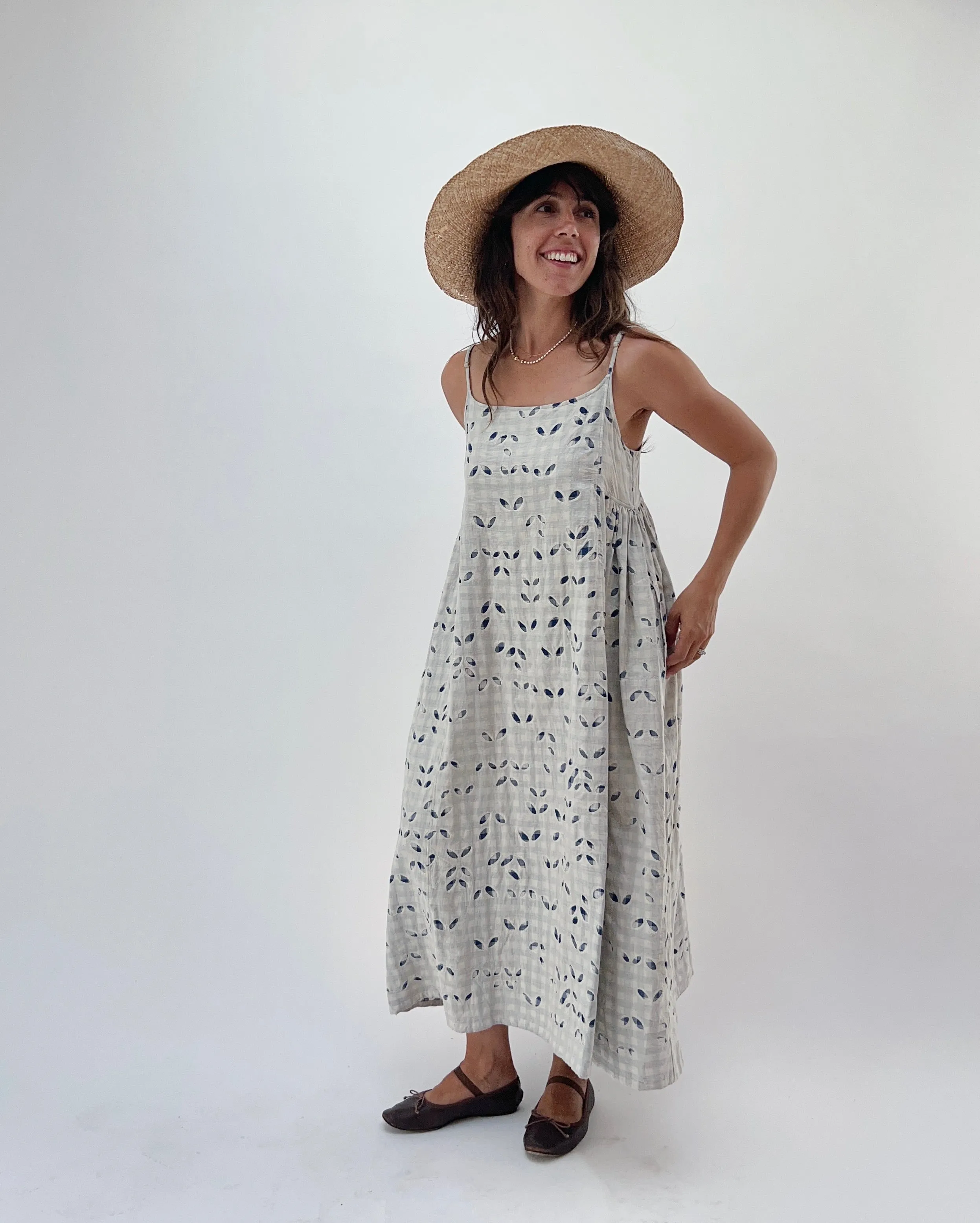 Injiri | Rasa Slip Dress in Indigo Gingham Appliqué