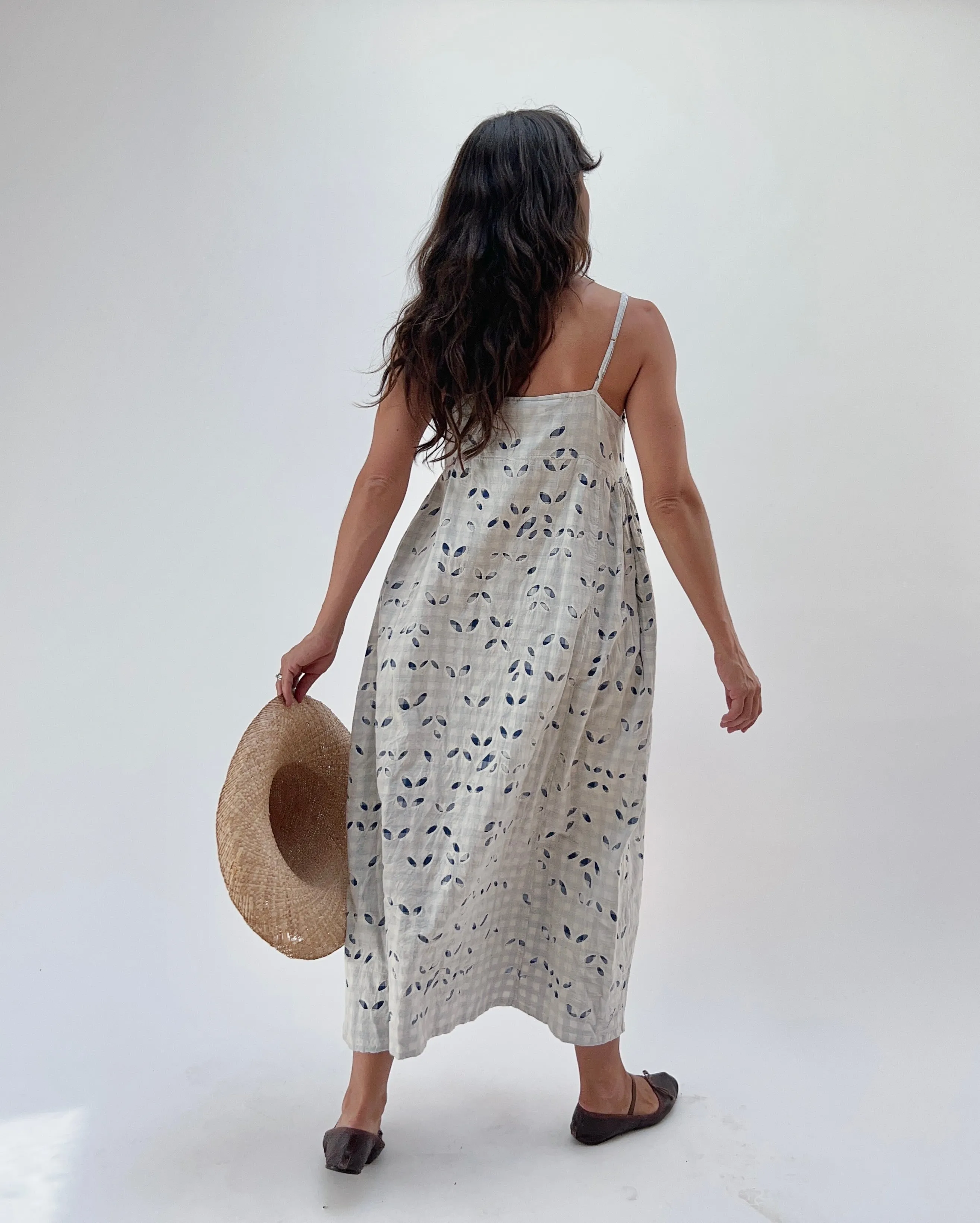 Injiri | Rasa Slip Dress in Indigo Gingham Appliqué
