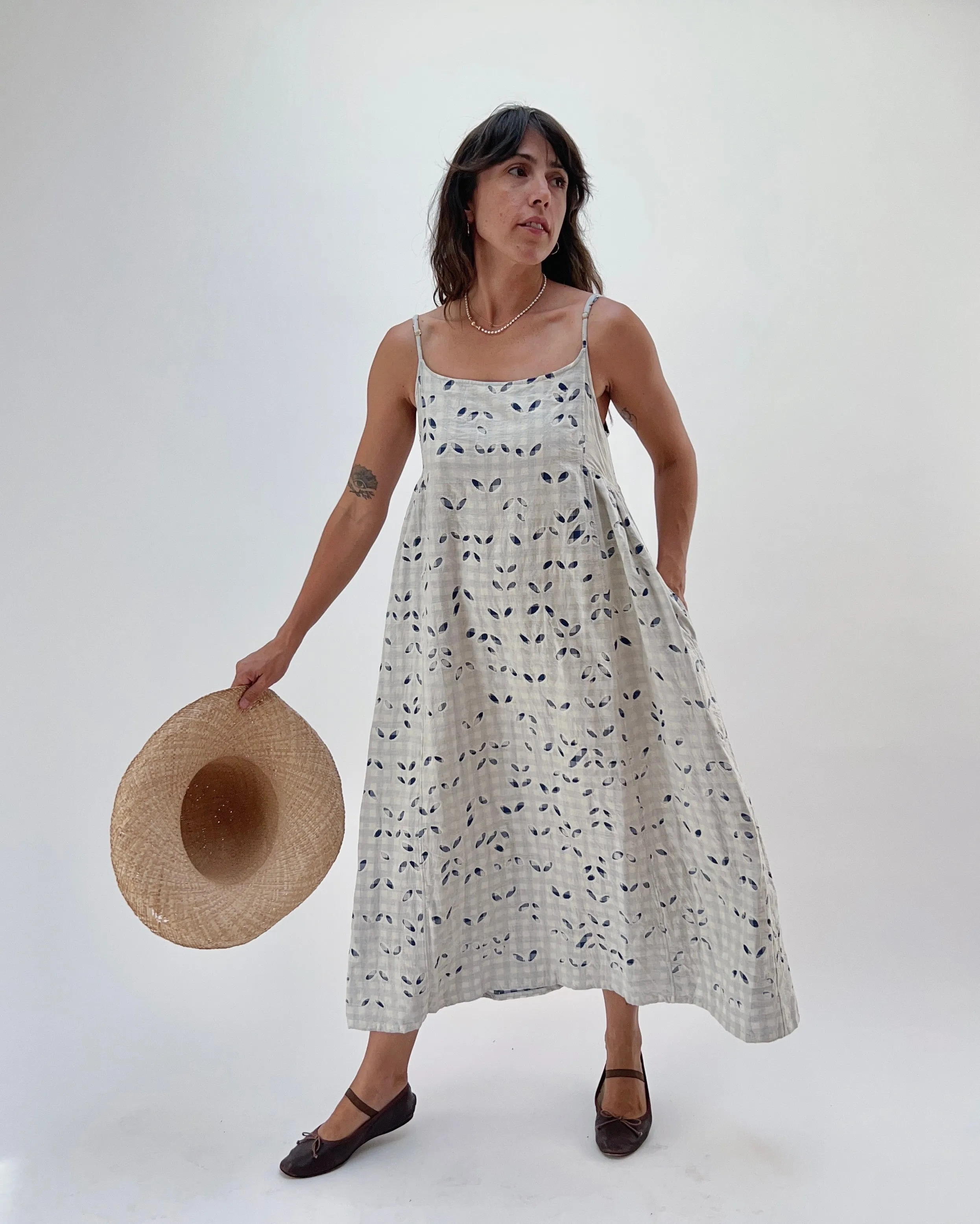 Injiri | Rasa Slip Dress in Indigo Gingham Appliqué