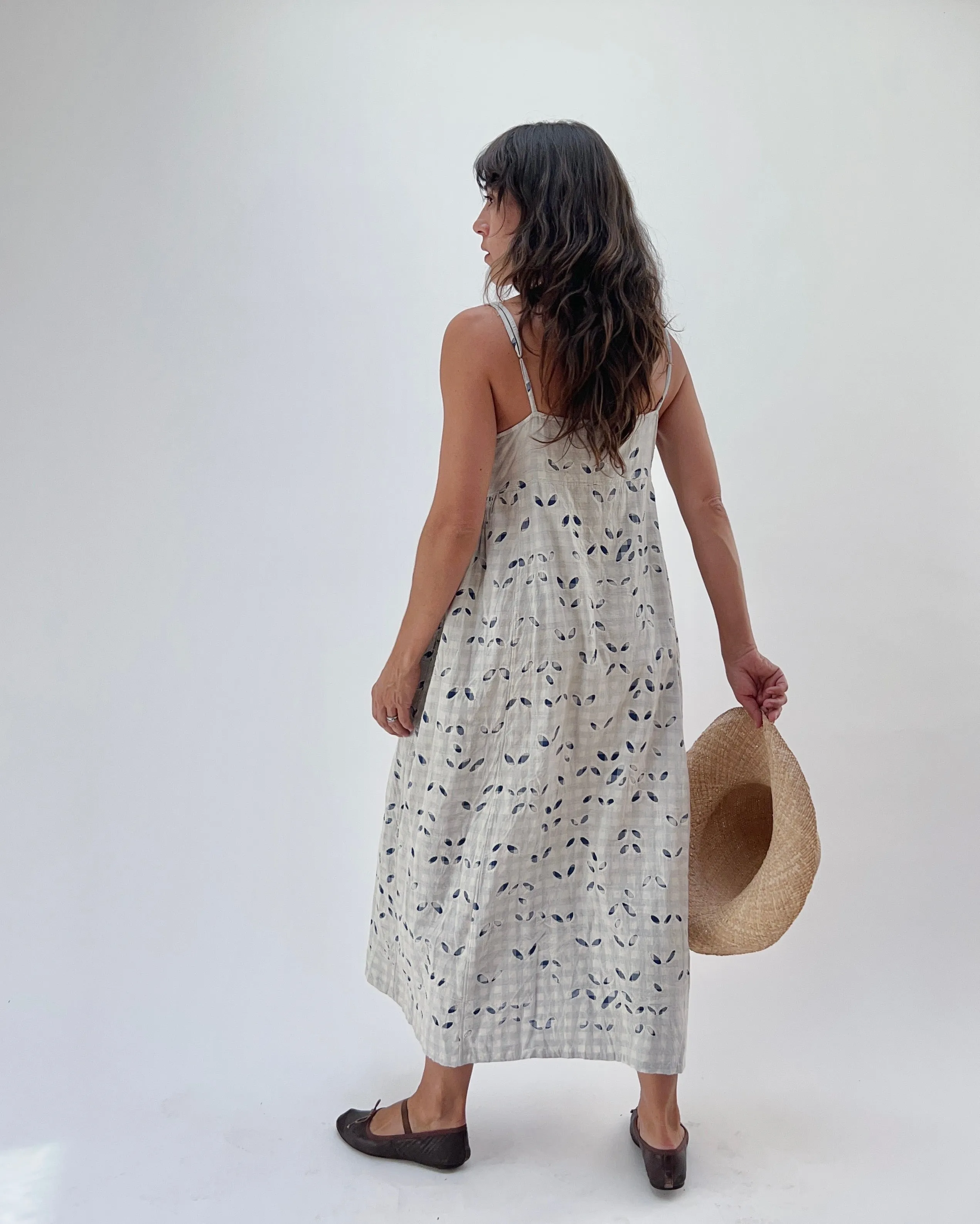 Injiri | Rasa Slip Dress in Indigo Gingham Appliqué