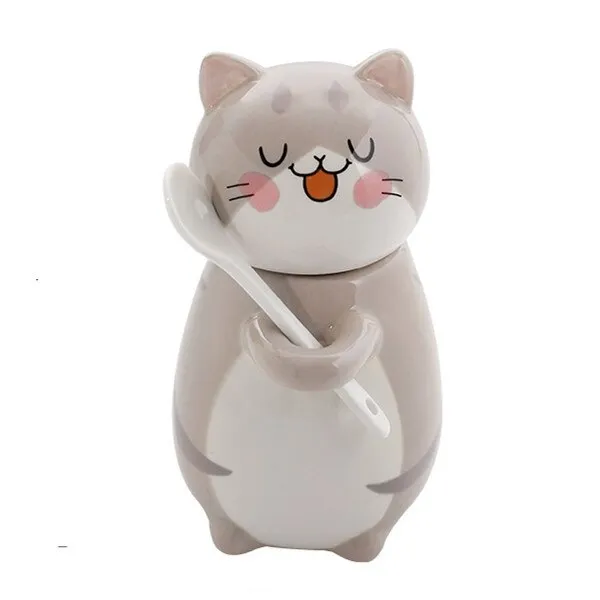 Kawaii Hand Painted Cat Ceramic Mug With Spoon