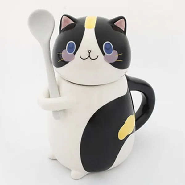 Kawaii Hand Painted Cat Ceramic Mug With Spoon