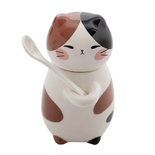 Kawaii Hand Painted Cat Ceramic Mug With Spoon