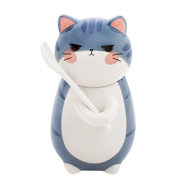 Kawaii Hand Painted Cat Ceramic Mug With Spoon
