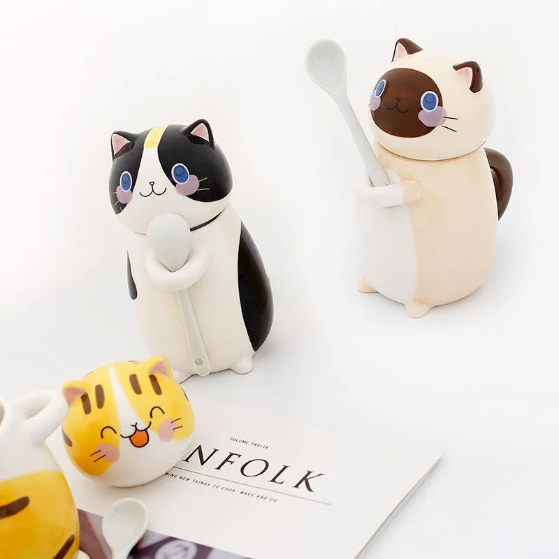 Kawaii Hand Painted Cat Ceramic Mug With Spoon