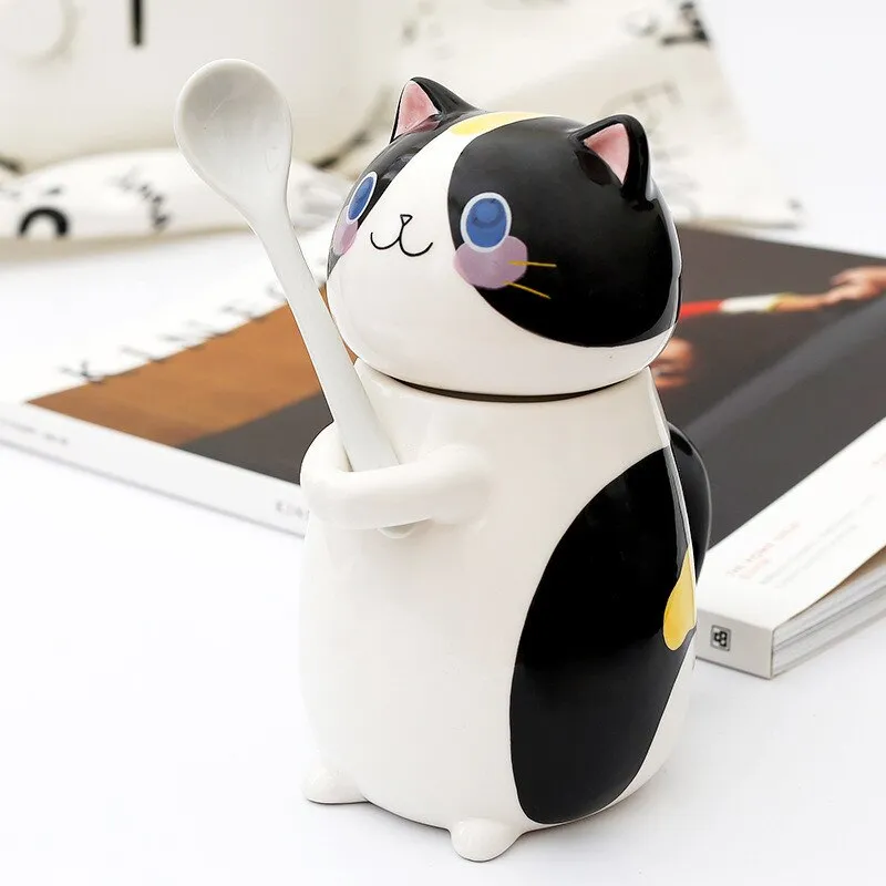 Kawaii Hand Painted Cat Ceramic Mug With Spoon