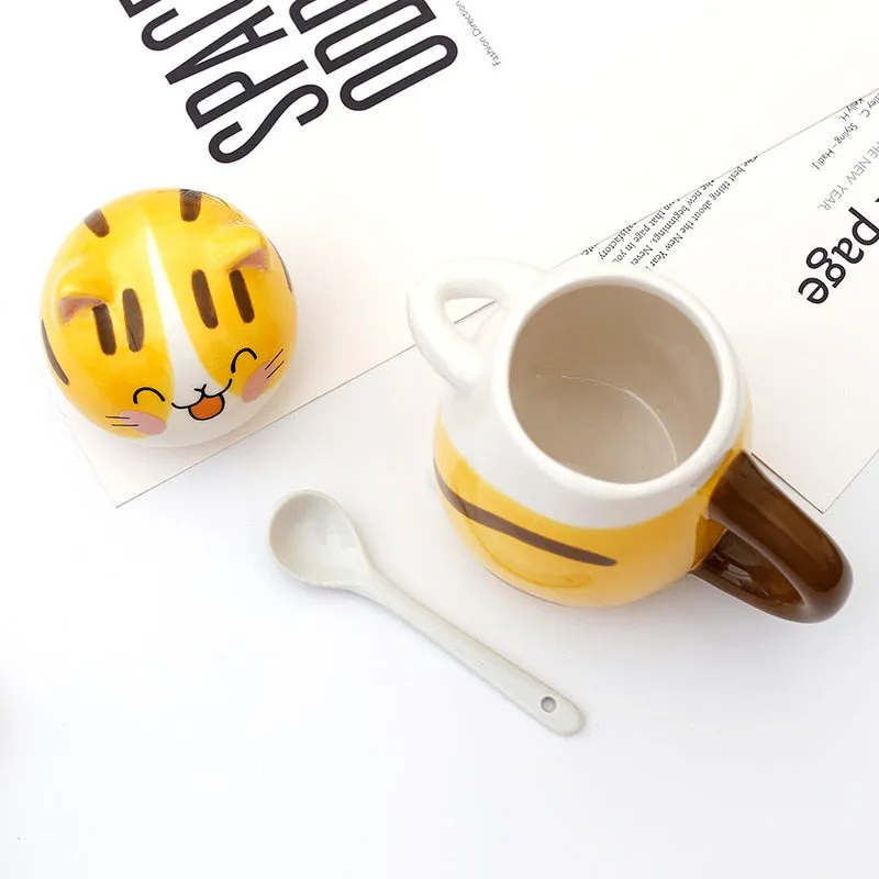 Kawaii Hand Painted Cat Ceramic Mug With Spoon