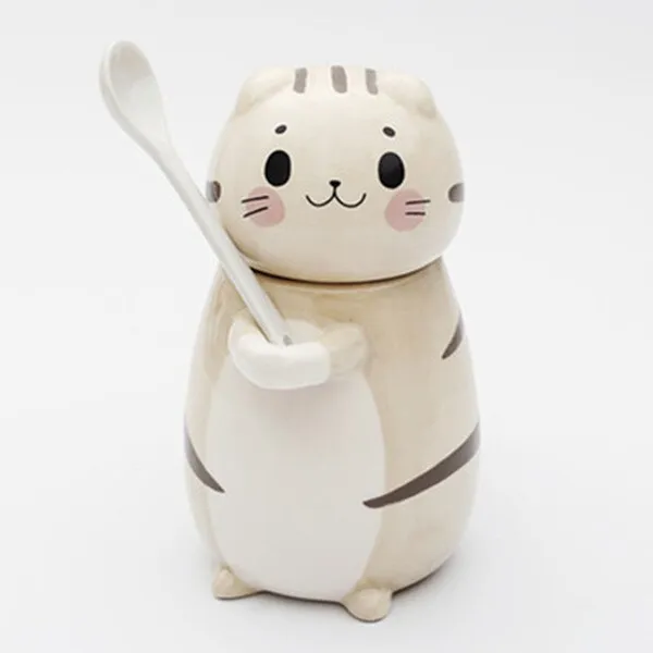 Kawaii Hand Painted Cat Ceramic Mug With Spoon