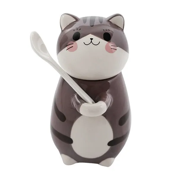 Kawaii Hand Painted Cat Ceramic Mug With Spoon