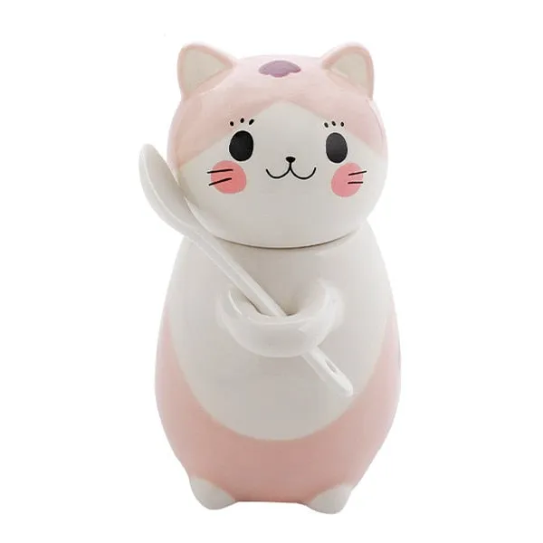 Kawaii Hand Painted Cat Ceramic Mug With Spoon