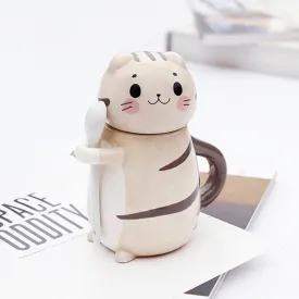 Kawaii Hand Painted Cat Ceramic Mug With Spoon