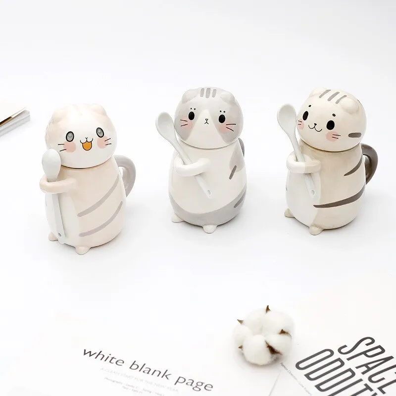 Kawaii Hand Painted Cat Ceramic Mug With Spoon
