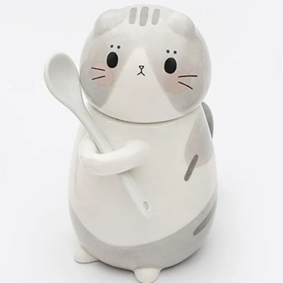Kawaii Hand Painted Cat Ceramic Mug With Spoon