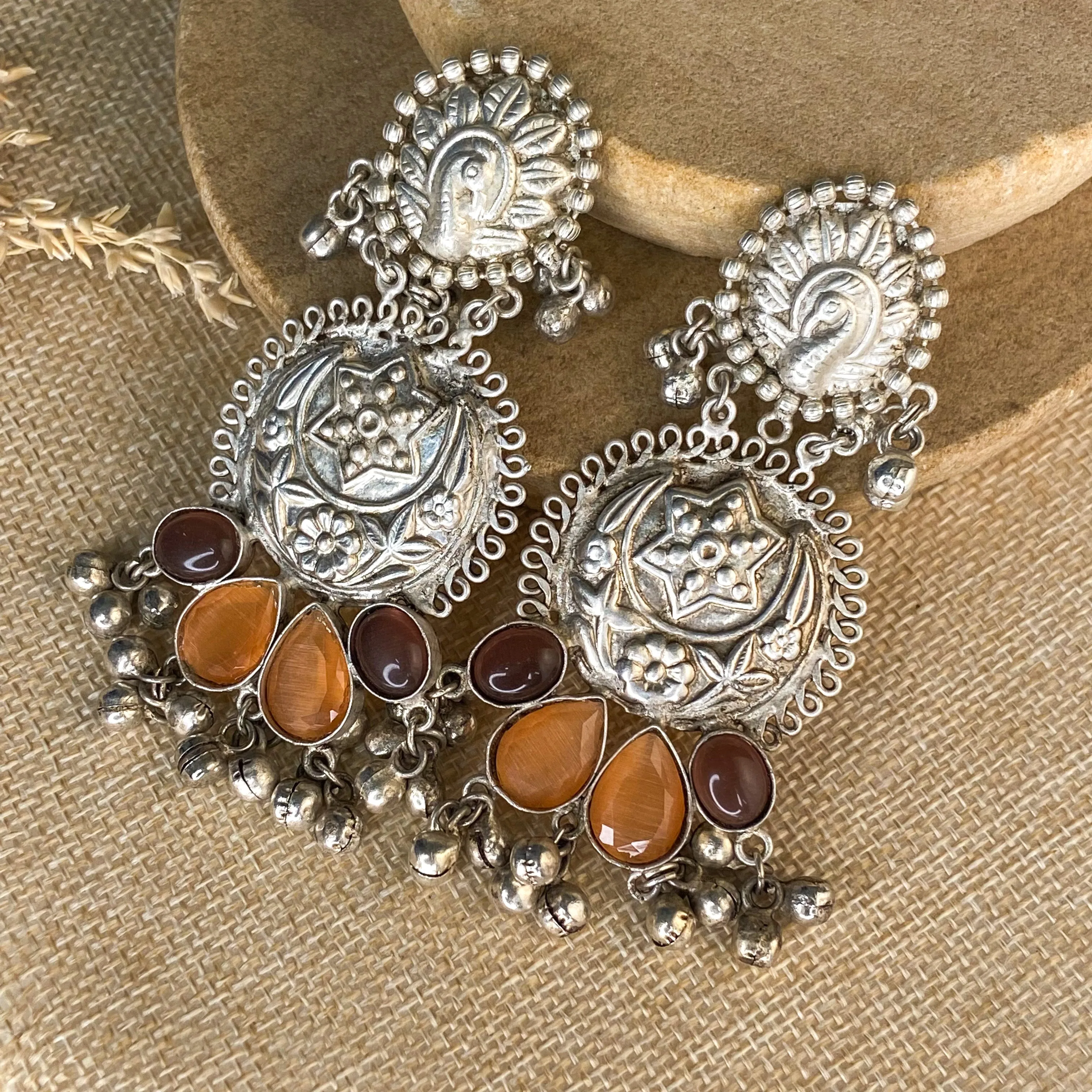 Oxidized Multi Stone Peacock & Star Earrings