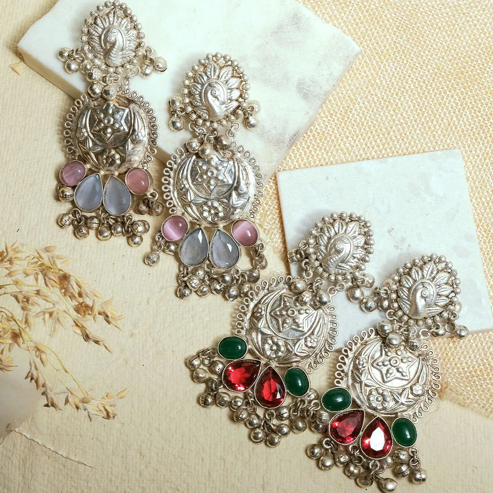 Oxidized Multi Stone Peacock & Star Earrings