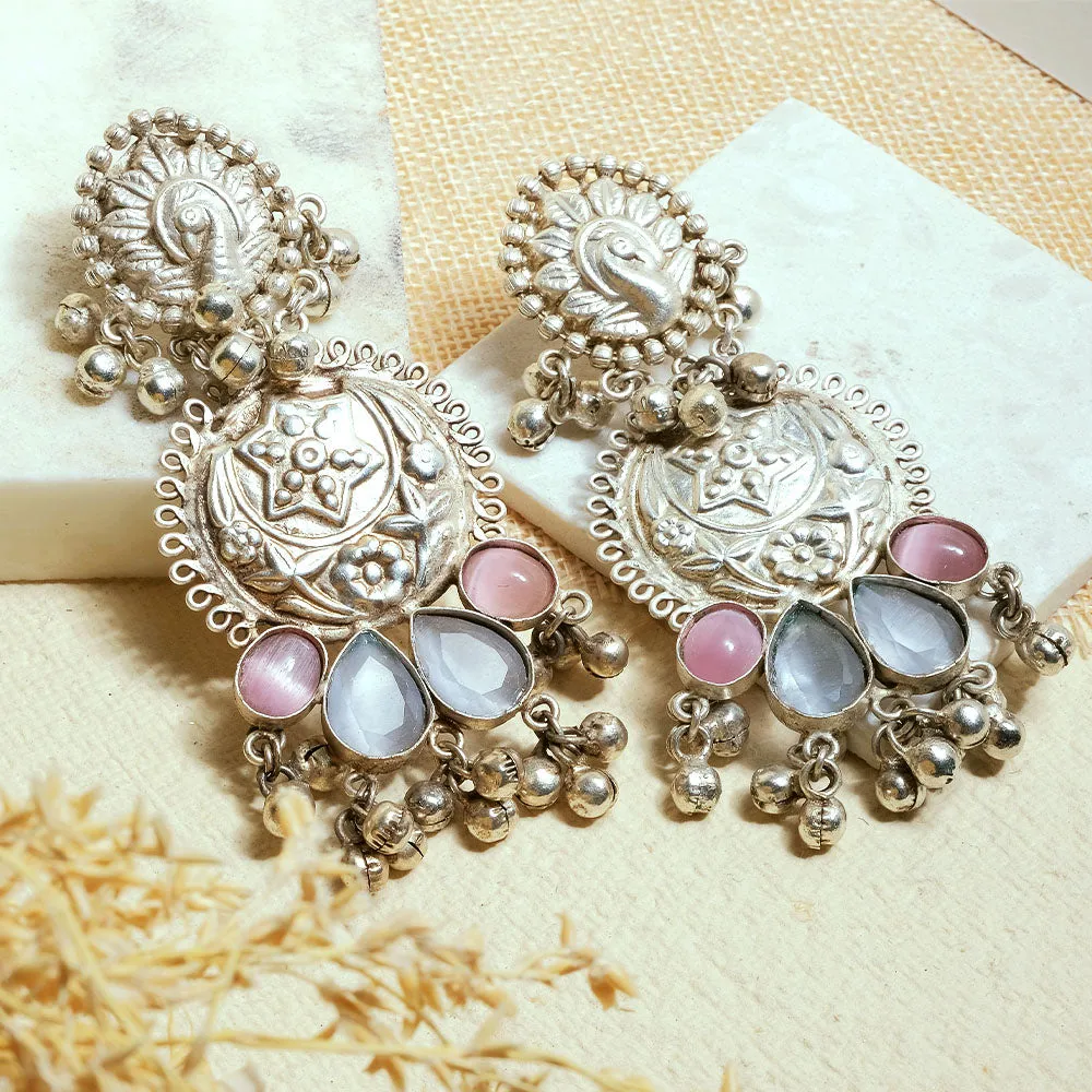 Oxidized Multi Stone Peacock & Star Earrings