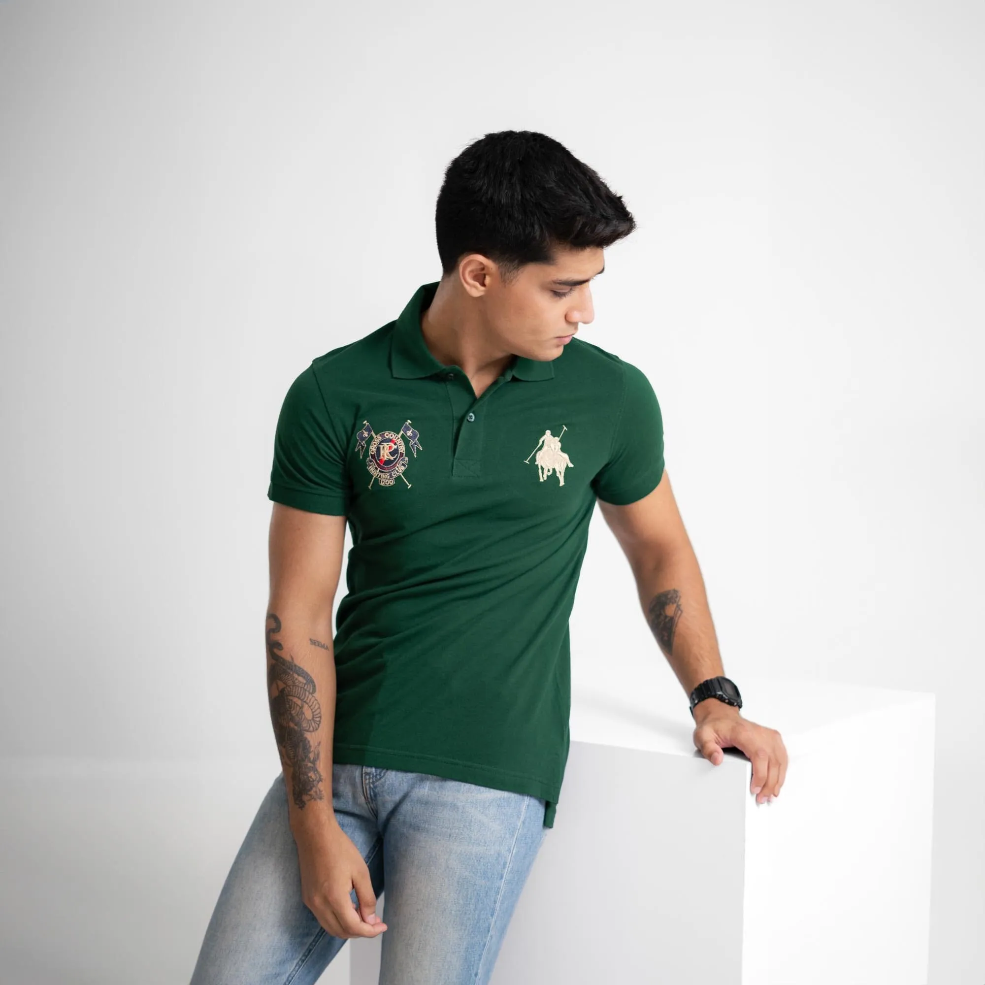 Polo Republica Men's Double Horse & PRC Crest Embroidered Short Sleeve Polo Shirt