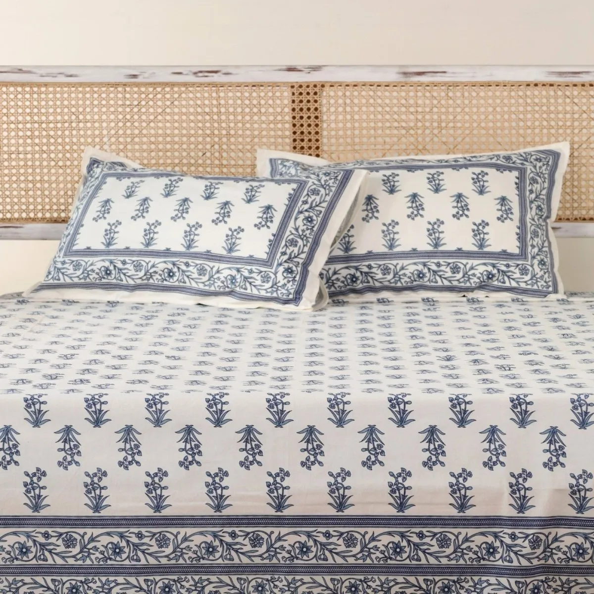 Pure Cotton Double Bedsheet Set With 2 Pillow Covers | King Size | Hand Printed With A Floral Print In Blue & White | Handmade In India