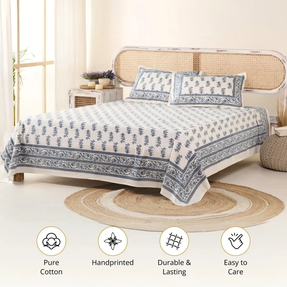 Pure Cotton Double Bedsheet Set With 2 Pillow Covers | King Size | Hand Printed With A Floral Print In Blue & White | Handmade In India