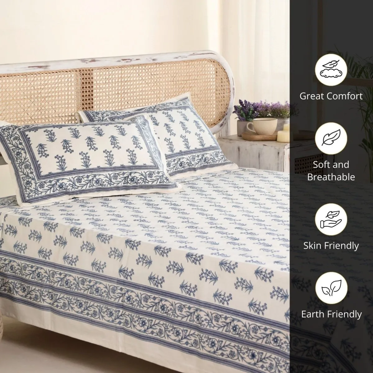 Pure Cotton Double Bedsheet Set With 2 Pillow Covers | King Size | Hand Printed With A Floral Print In Blue & White | Handmade In India