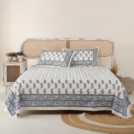 Pure Cotton Double Bedsheet Set With 2 Pillow Covers | King Size | Hand Printed With A Floral Print In Blue & White | Handmade In India