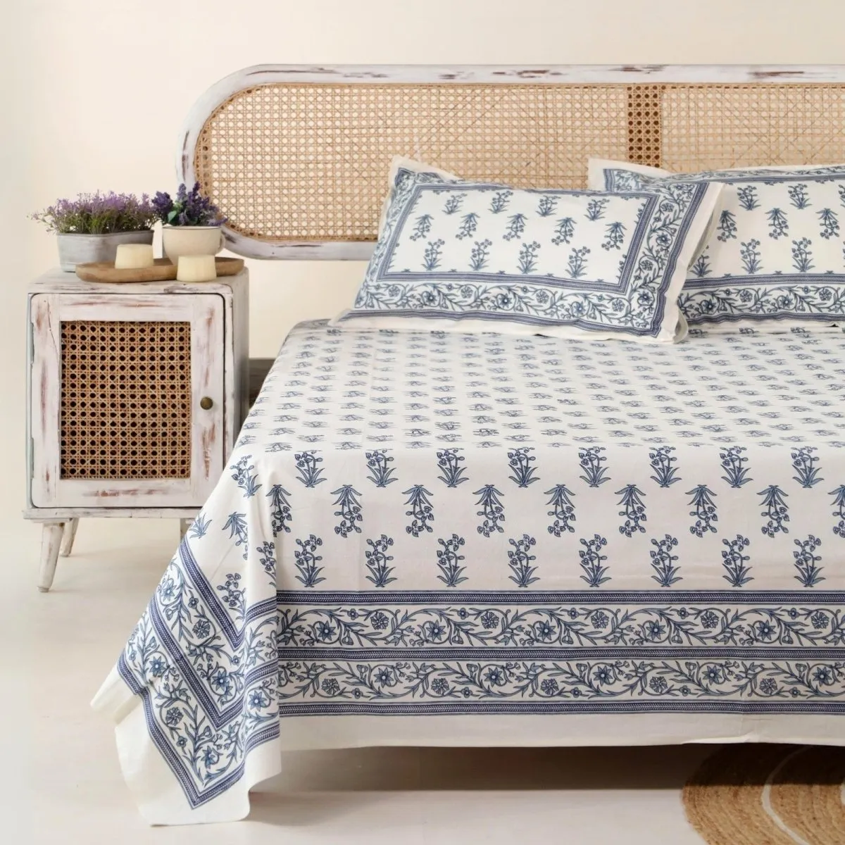 Pure Cotton Double Bedsheet Set With 2 Pillow Covers | King Size | Hand Printed With A Floral Print In Blue & White | Handmade In India