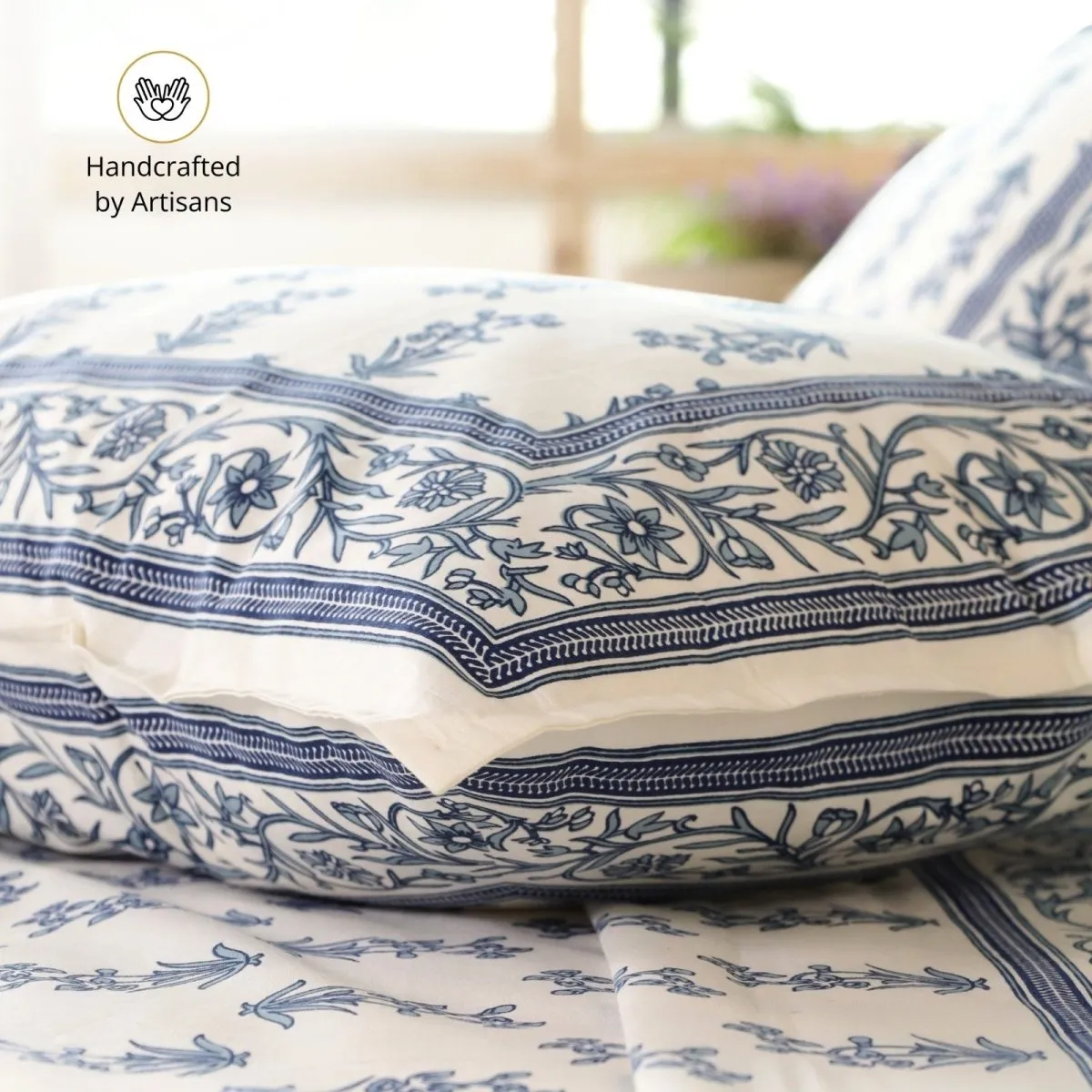Pure Cotton Double Bedsheet Set With 2 Pillow Covers | King Size | Hand Printed With A Floral Print In Blue & White | Handmade In India