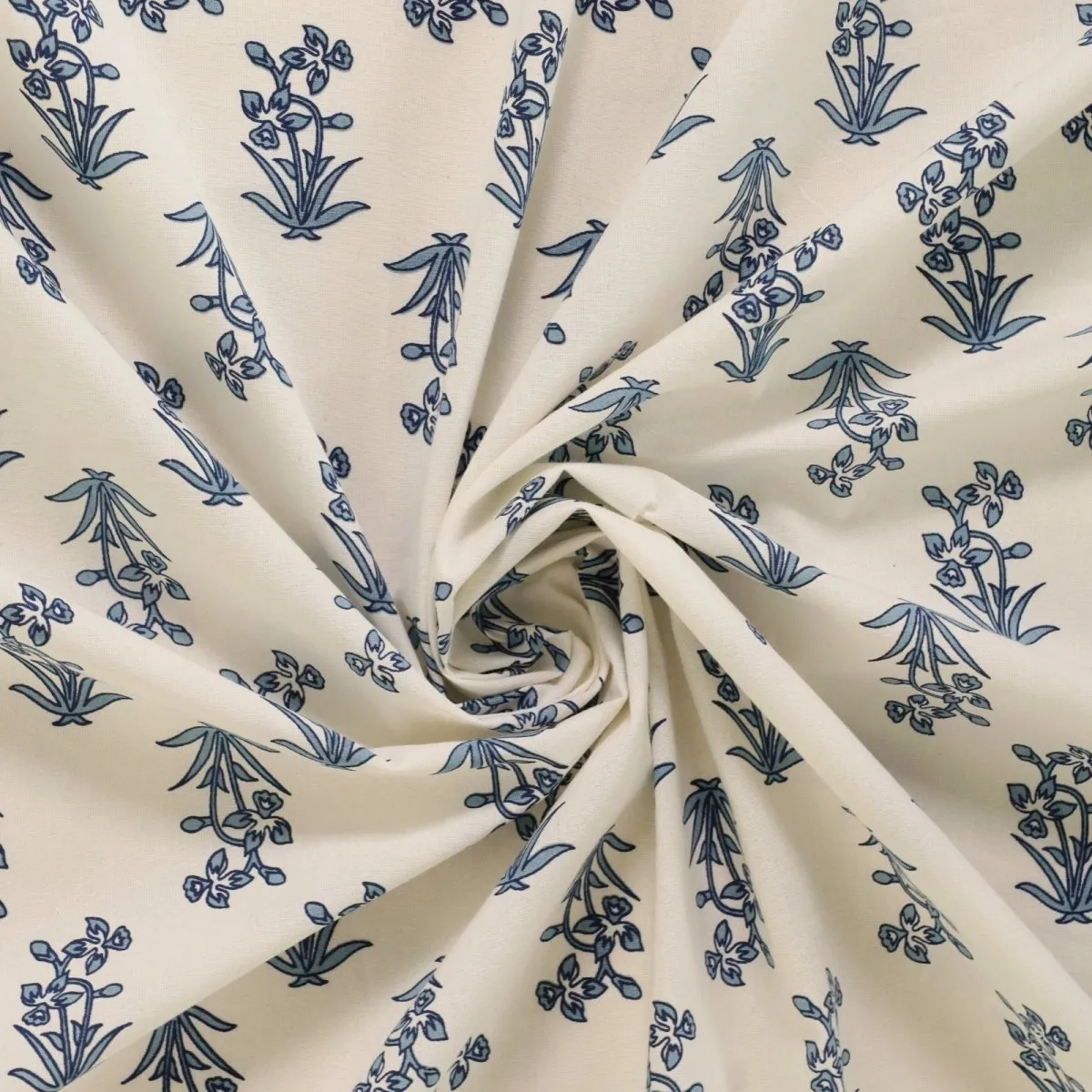 Pure Cotton Double Bedsheet Set With 2 Pillow Covers | King Size | Hand Printed With A Floral Print In Blue & White | Handmade In India