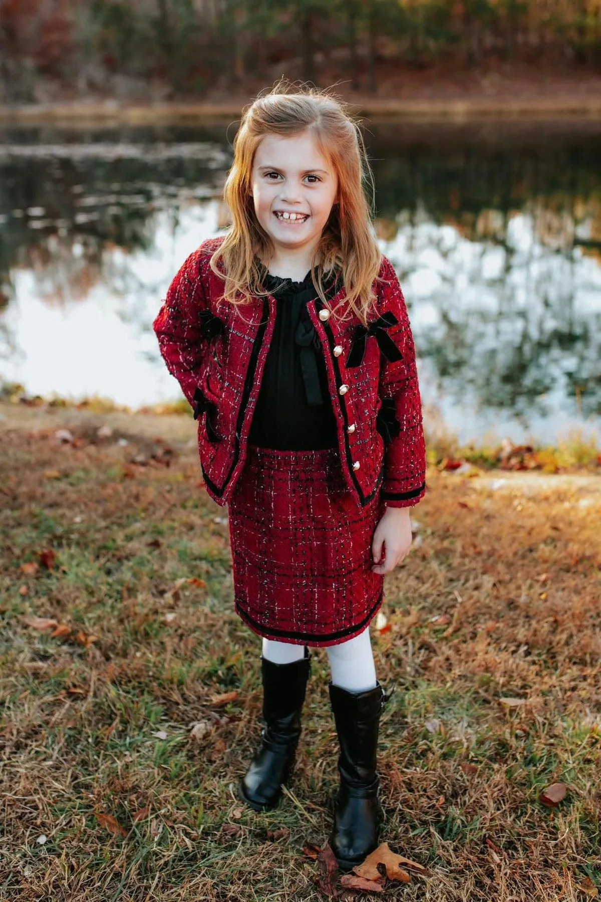 Red Velvet Bows & Pearls Skirt Set