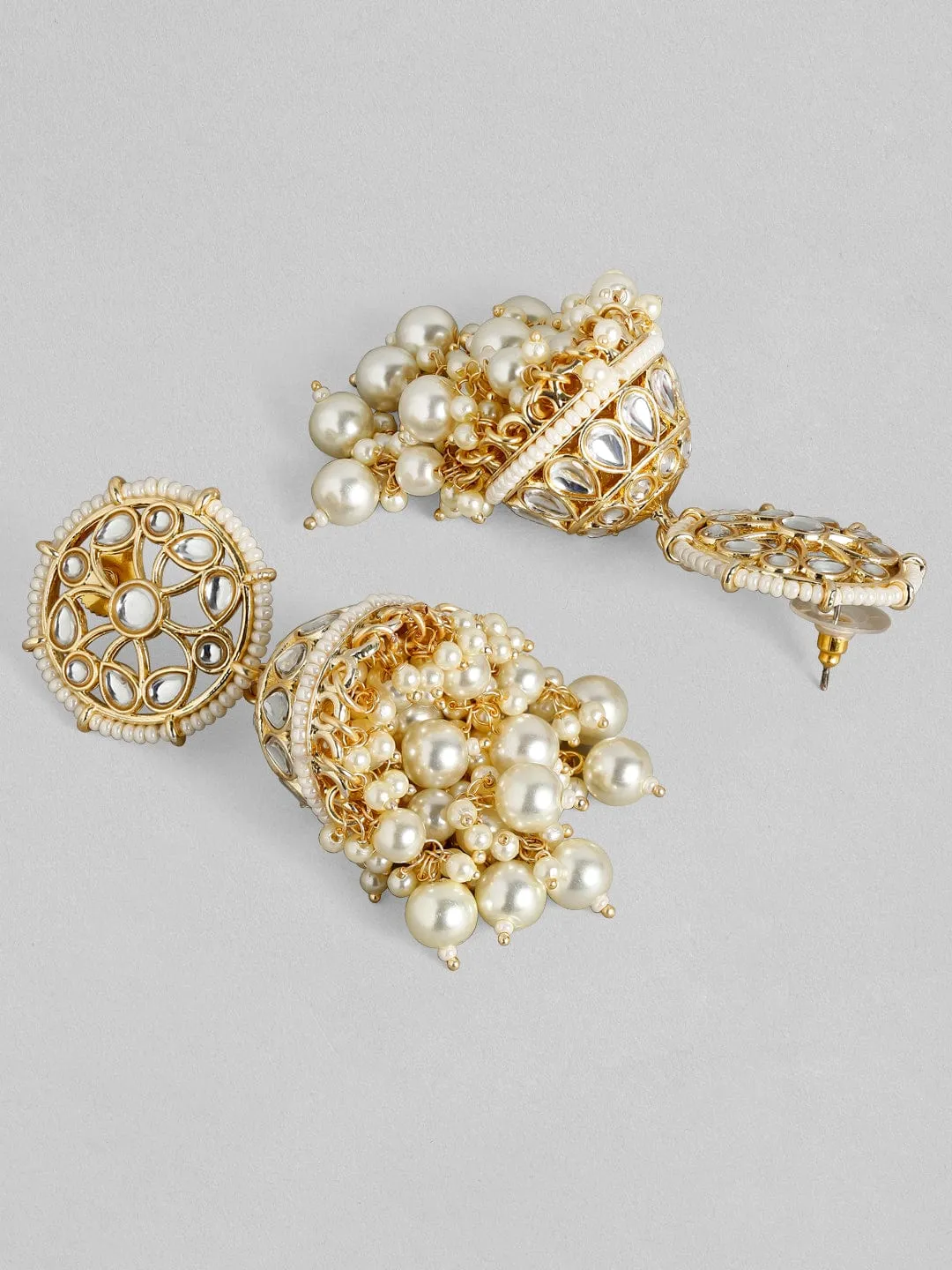 Rubans 24K Gold Plated Handcrafted Kundan with White perals Jhumka Earrings
